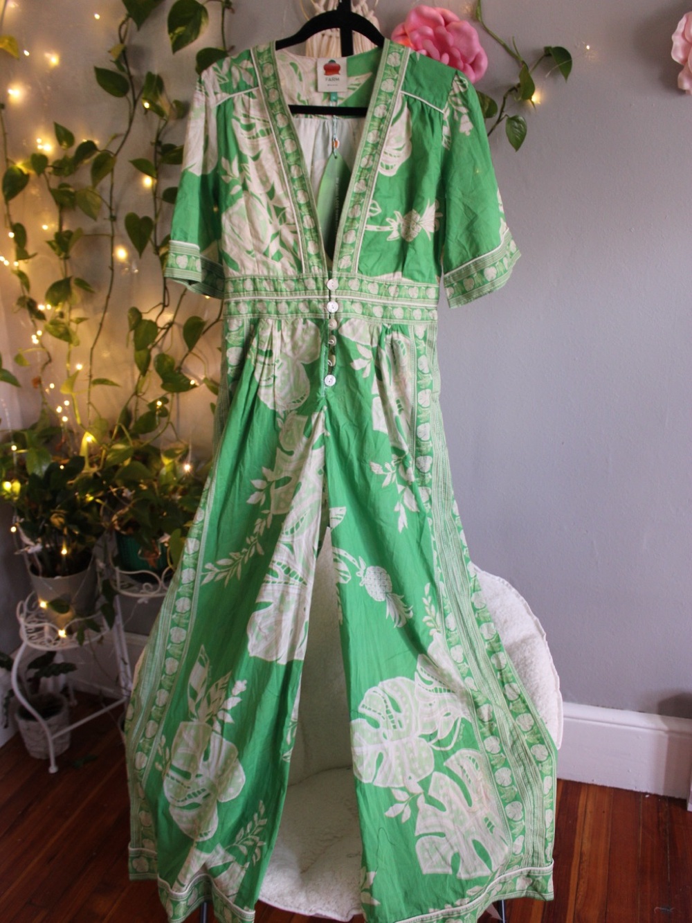 NWT FARM Rio Lace Monsteras Green Jumpsuit Medium | MSRP $210